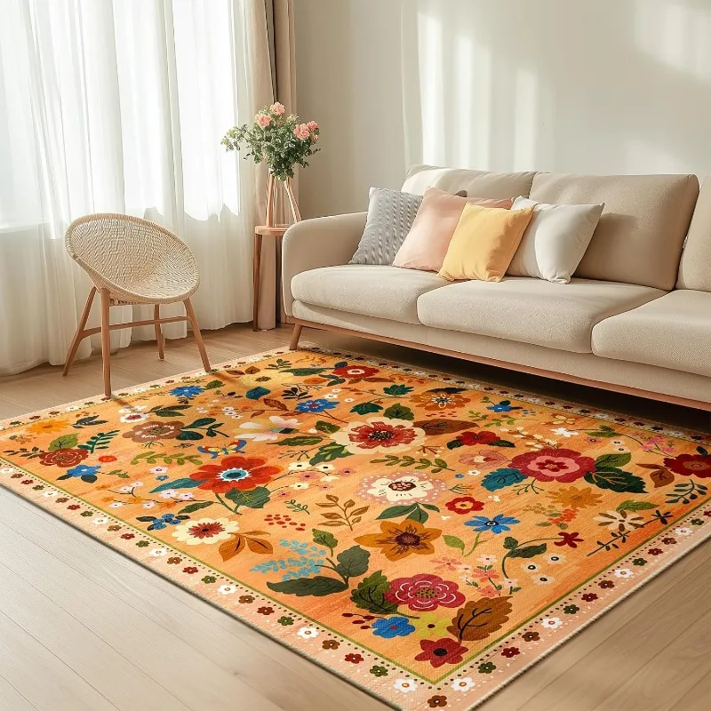 Retro Flower Living Room Carpet Fashion Light Luxury Bedroom Rugs Machine Washable Non-slip Large Area Sofa Coffee Table Mats 러그