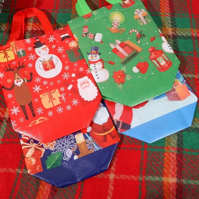 2Pcs Dark Blue Christmas Gift Bags | Cartoon Santa Elk Printed Non-Woven Handbags | Fol... - SKU CGB01822 - UGI Packaging