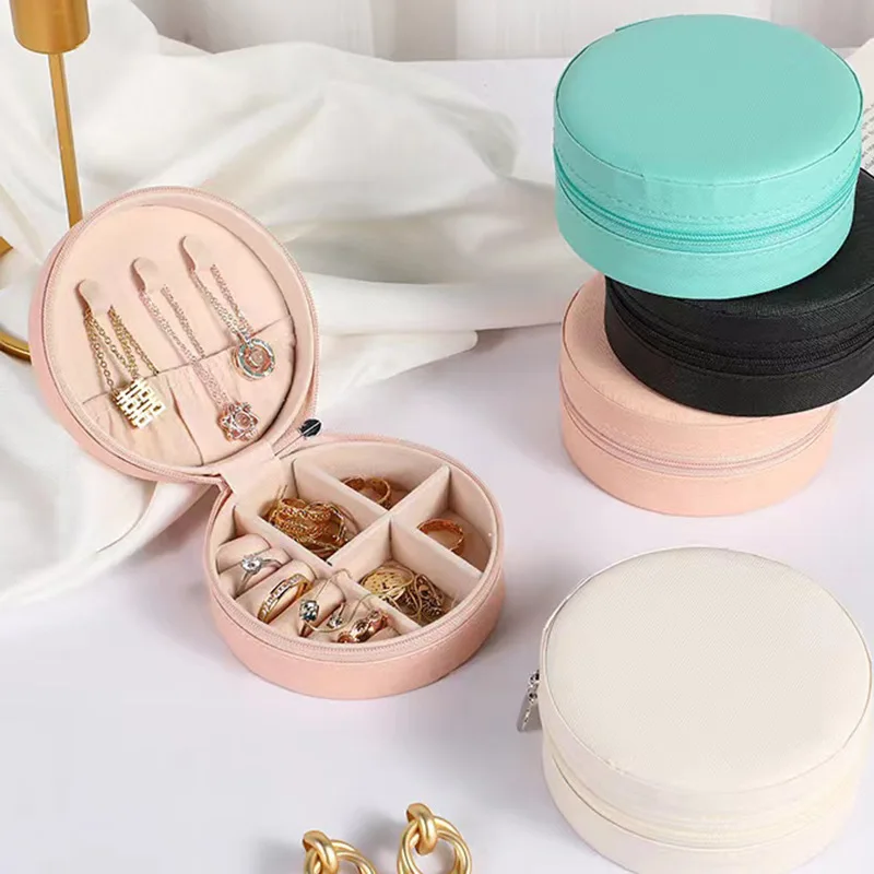 Round Travel Jewelry Box Women Ladies PU Jewelry Storage Organizer Necklace Earrings Rings Display Mini Gift Box Free Shipping