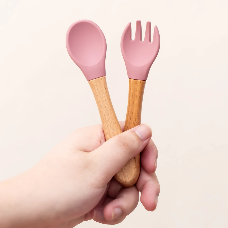 2PCS Baby Learning Spoons Utensils Set Food Grade Wooden Handle Silicone Spoon Fork Cutlery Training Spoon Feeding Tableware Baby & Maternity