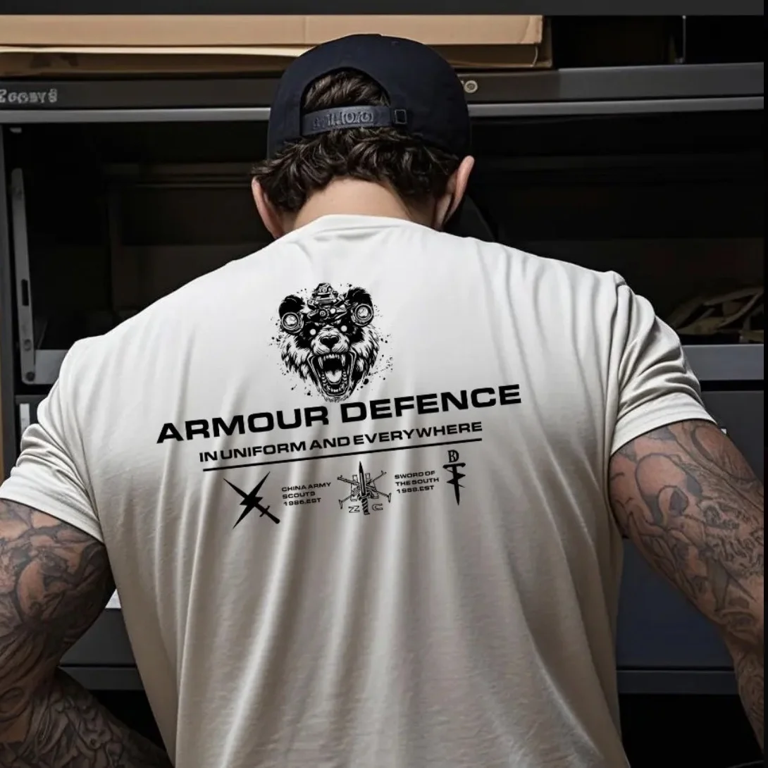 2026 Sommer Neuheit: Militär-Stil Panda-Serie Bedrucktes T-Shirt, Herren Retro Schulterlanger Rundhals-Kurzarm-Oberteil