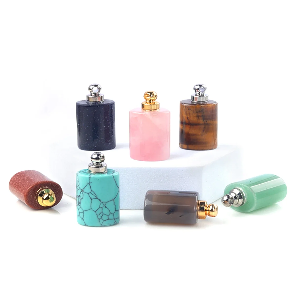5PCS Natural Stone Charm Elliptic Cylinder Crystal Pendant Perfume Bottle Essential Oil Diffuser Pendant Accessory DIY Necklace