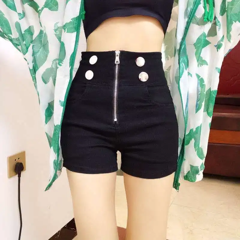 Women's Summer Korean New High Waist Denim Shorts Fashion Trend Solid Color Zipper Button Splicing Tight Versatile A-line Pants