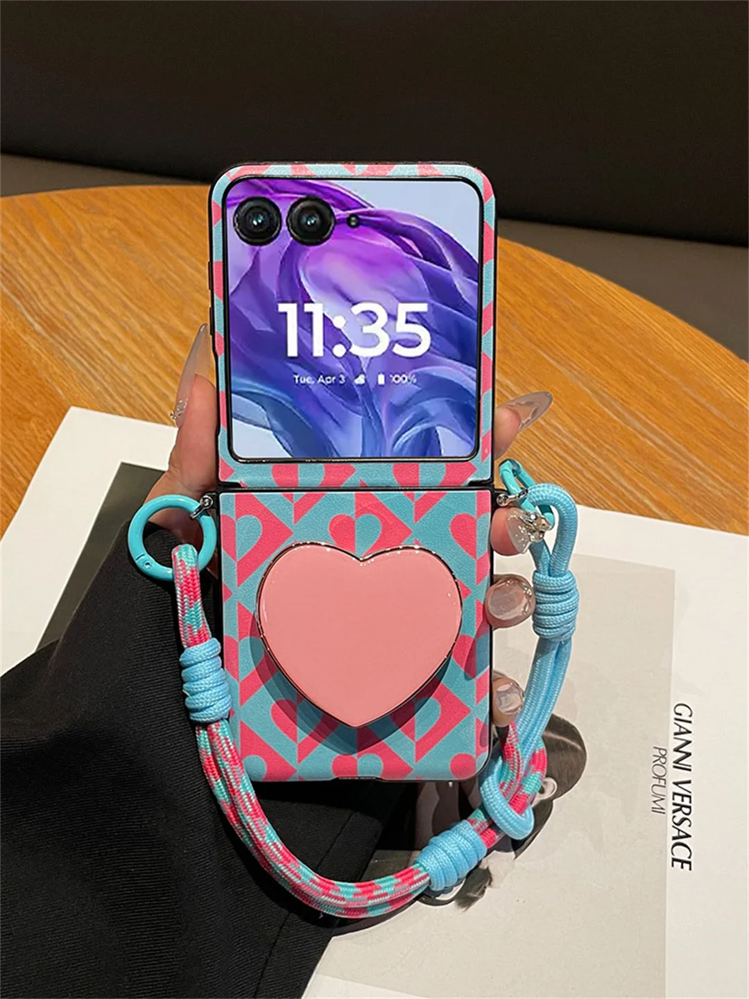 Korean Cute Blue Pink Love Heart Holder Portable Rope Phone Case Cover