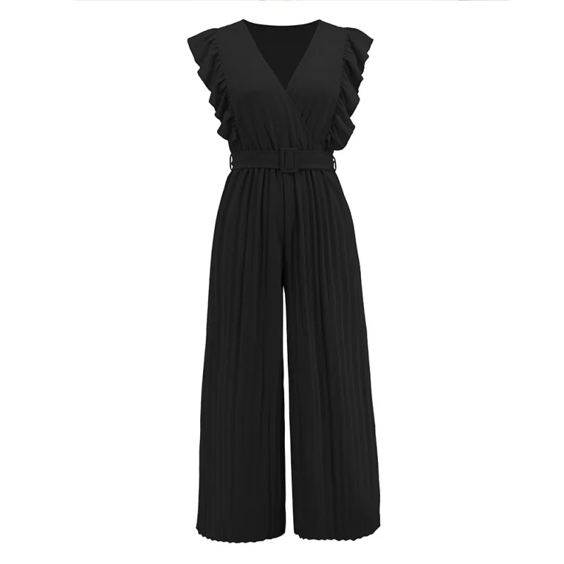 

Cross-Border Foreign Trade New Sexy Slim Temperament Jumpsuit High Waist Sleeveless Lotus Leaf V-neck Pleated Wide-Leg Skort Wom