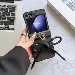 Elegant Stripe Texture PU Leather Cover with Bowknot Pendants - Premium Hard PC Hinge Protective Phone Case - Galaxy Z Flip 5 (Black)