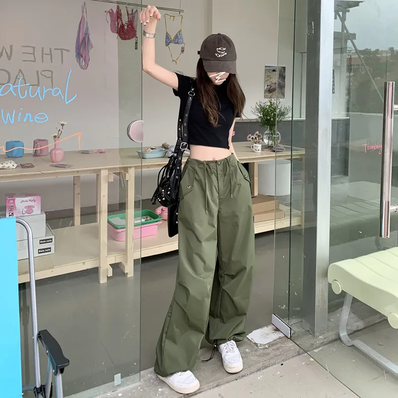 Women's Summer Thin Cargo Wide Leg Pants Lady Chic High Waist Loose Straight Long Cargo Pants