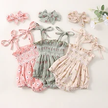 

Kids Baby Clothing Bodysuit Headband Set Flower Printed Pattern Tie Up Shoulder Sleeveless Elastic Chest Jumpsuit Bow HairBand