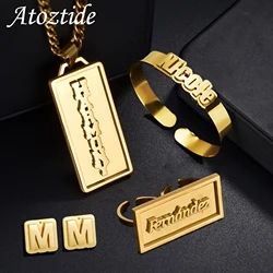 Atoztide Personalized Custom Name 2 Side Welding Jewelry Set Bracelet Necklace Ring Stainless Steel for Women Man Birthday Gifts