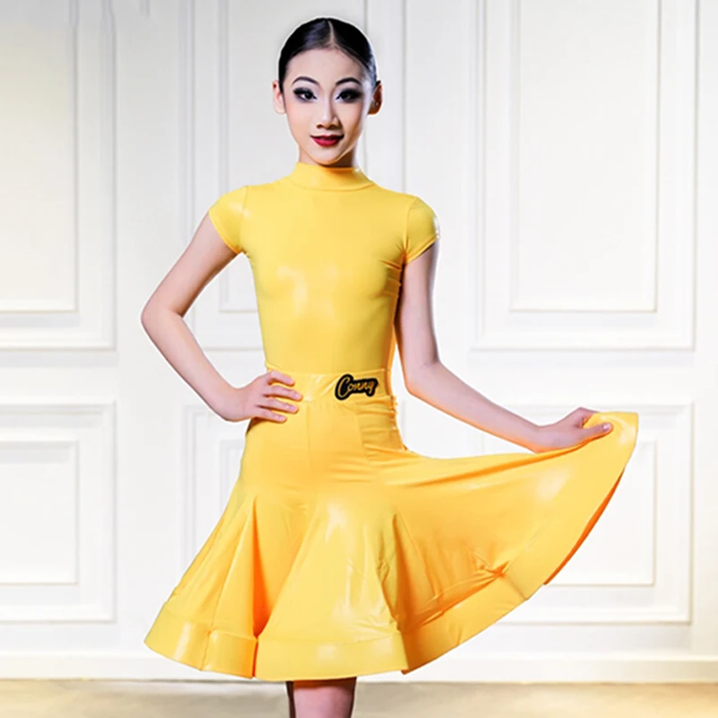 

Girls Latin Dance Competition Dress Yellow Pink Tops Slit Skirt Rumba Cha Cha Practice Wear Stage Performance Costume AMY79