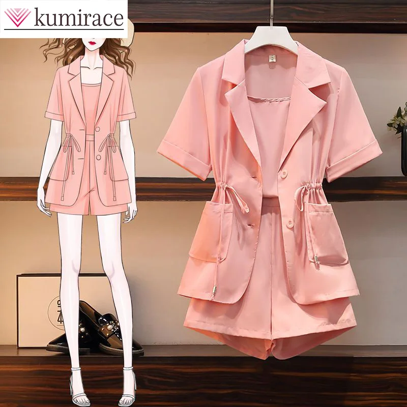 

Large Women's Suit Summer 2023 New Short Sleeve Suit Suspender Shorts Three Piece Elegant Women's Shorts Set short sets