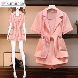 Large Women's Suit Summer 2023 New Short Sleeve Suit Suspender Shorts Three Piece Elegant Women's Shorts Set short sets