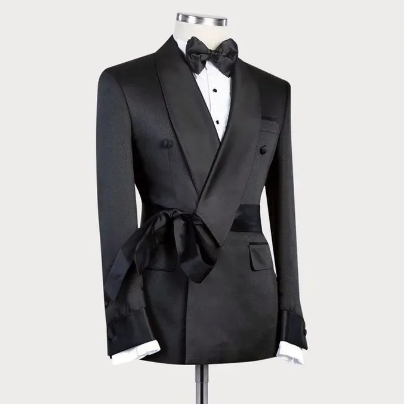 Men Suit Jacket with Plain Black Belt Double Breasted Shawl Lapel Slim Fit Wedding Groomsmen Smoking Fashion Blazer