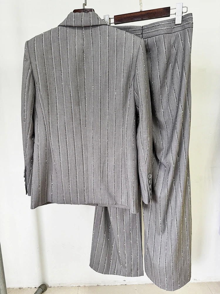 Women Pants Two Piece Sets Women Gray Rhinestone Single Button Blazer + Sparkle Striped Diamonds Pants Suits Evening Party Club 3