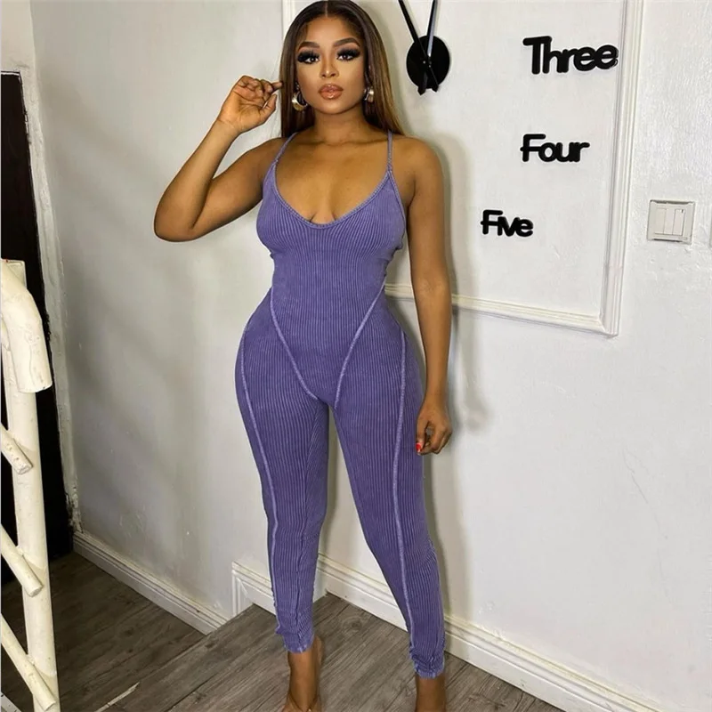 Sleeveless Sling Backless Skinny Jumpsuit Sexy Party Clun Playsuit Streetwear Summer Ribbed V-neck Overalls Summer hlj sexy sequin bodycon party nightclub sling rompers women thin strap sleeveless jumpsuit fashion female slim one piece overall