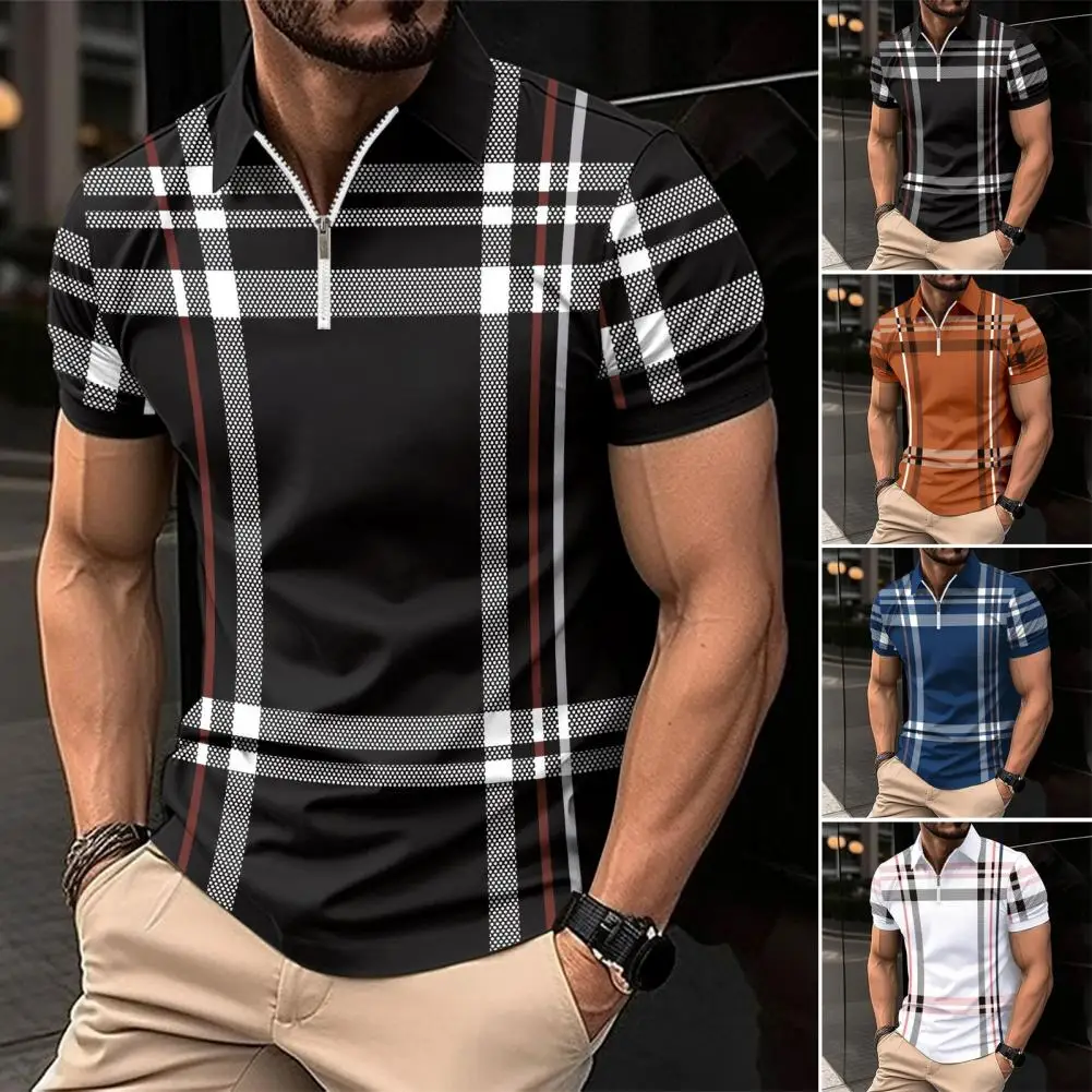 Comfortable Men Shirt Men Business Shirt Stylish Men's Summer Shirt with Lapel Zipper Plaid Striped Print Slim Fit Short for Men