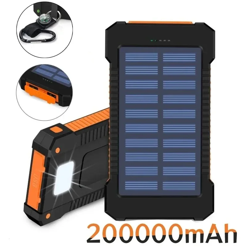 200000mAh External Battery Solar Power Bank Flashlight FAST Charging Portable Waterproof Powerbank for Smart Mobile Phone