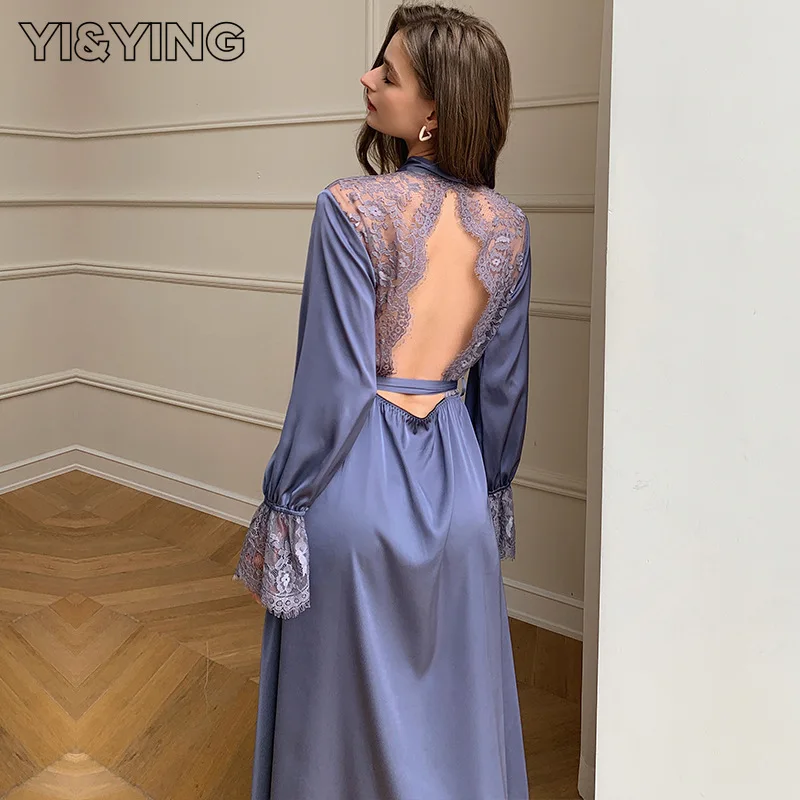

[YI&YING] 2023 Pajamas Women's Summer Thin Satin Ice Silk Pajamas Lace Spliced French Elegant Backless Home Furnishing WAZC750