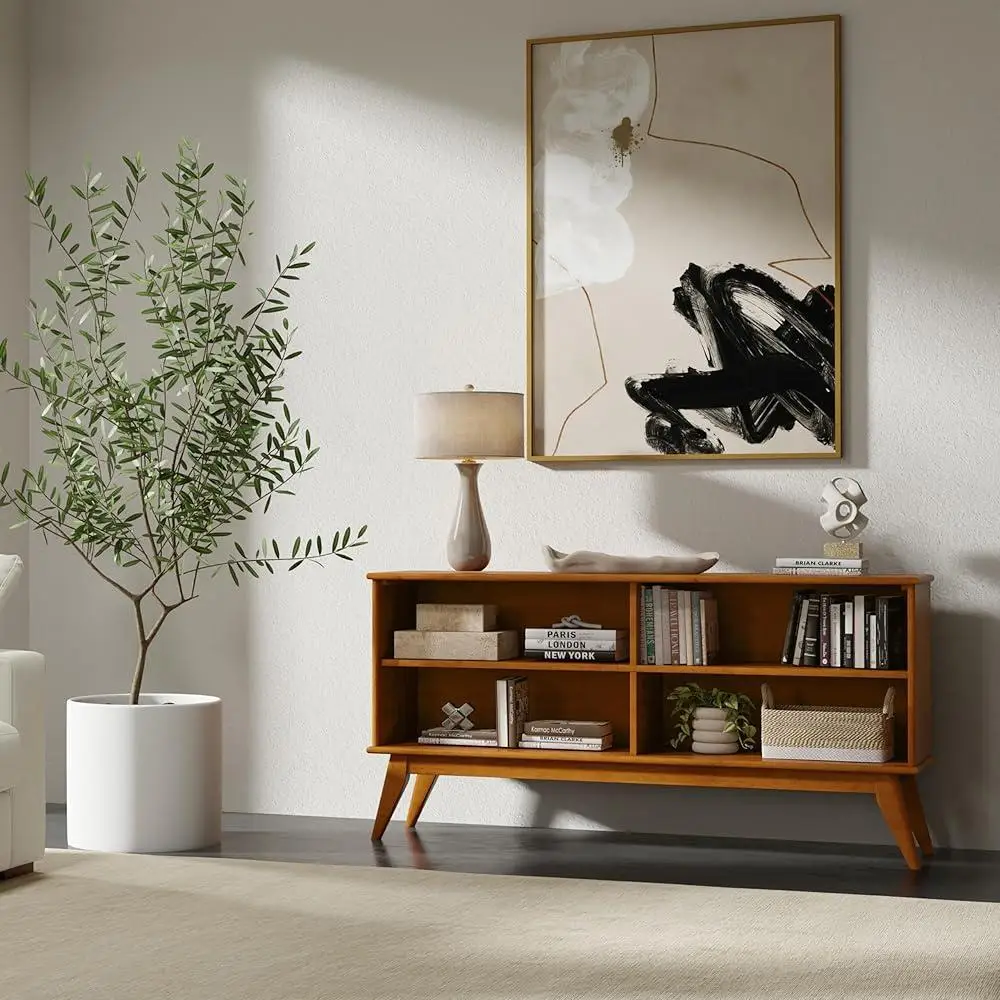 Solid Hardwood 30x64 Mid Century Modern Low Bookcase with 4 Open Shelves Anti-Tip Hardware Functional Storage Unit Living Room 3