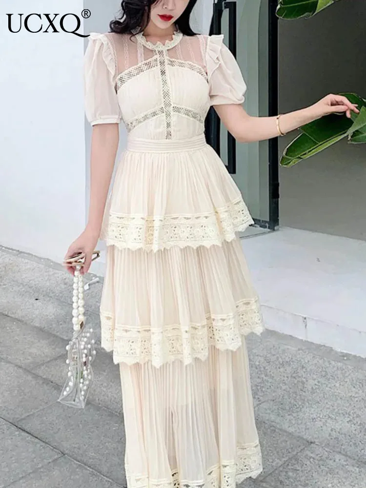 

UCXQ Fairy Style O Neck Pleated Hollow Out Mesh Dress Elegant Lace Lantern Sleeve Cake Dresses Women 2024 New Spring Summer 7890