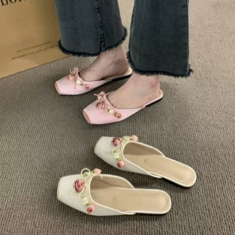 Satin Flower Slippers Women 2025 Summer Non-slip Casual Slide Comfy Light Fashion Ethnic Style Sandals Flat Floral Mule Shoes 4