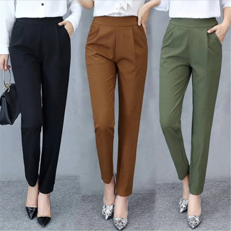 Women's High Waist Harem Pants Slim Stretch Pants  Size Pants Thin Casual Trousers with Pockets Skinny Work Trousers 2022 New lemon yellow elastic waist a line wide leg shorts 2022 new summer thin demim shorts drawstring pockets all match short jeans