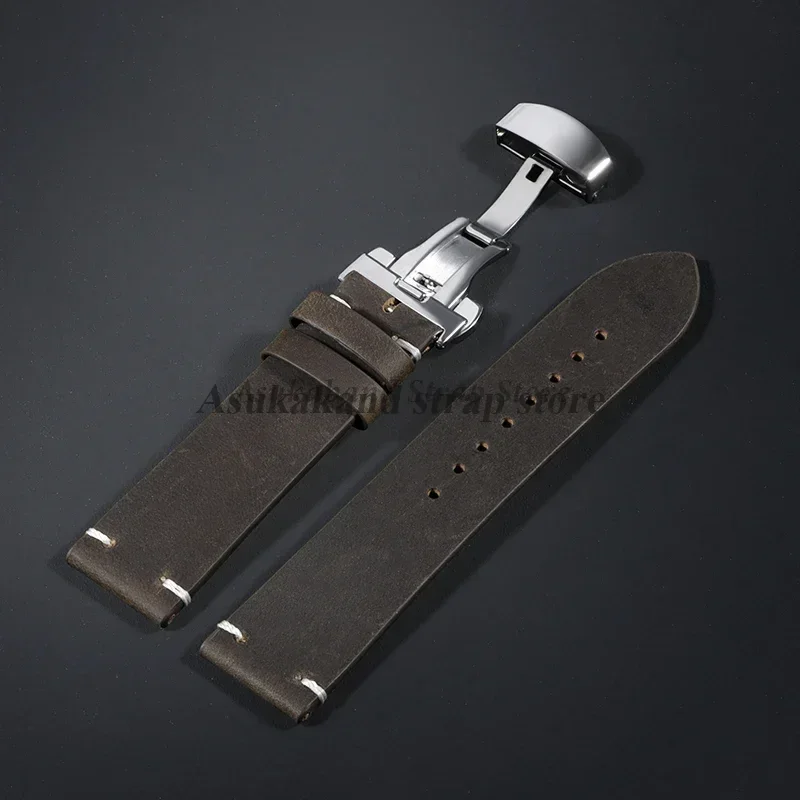 Vintage Calfskin Leather Watchband with Butterfly Buckle - Multiple Sizes Available