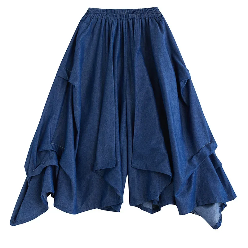 Summer New Loose Wide Leg Jeans Skirt Women's Special Wide Asymmetrical Skirt Tencel Material Comfortable Fit Chinese Style Pant
