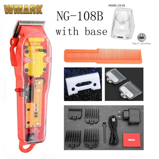 2021 WMARK New Model NG-108 Rechargeable Hair Cutting Machine Hair Clippers Trimmer Transparent Cover White Or Red Base 7300rpm 108B with base