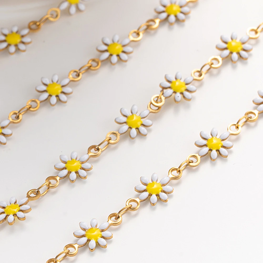 1 Meter Gold Edelstahl Emaille Gänseblümchen Blumen Charms Gliederkette für Armband Halskette Schmuck Handwerk DIY Zubehör – Detail 3