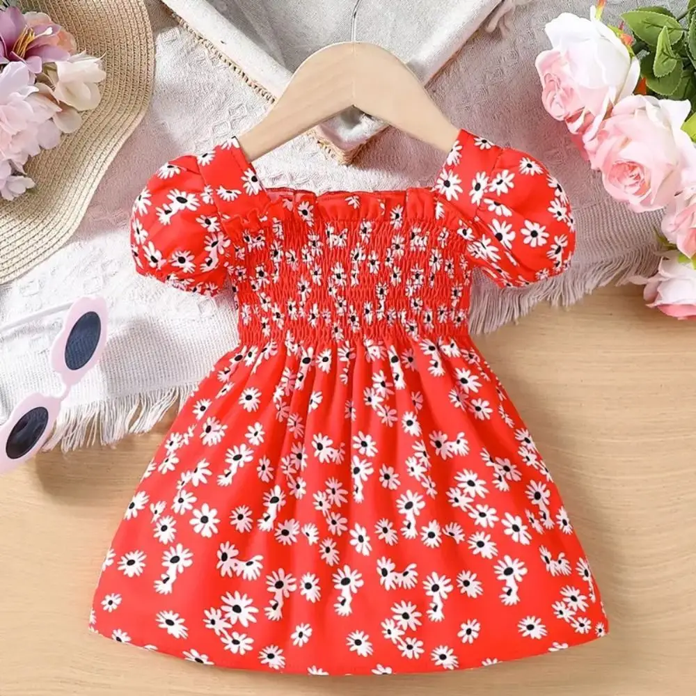 Fashion Square Collar Baby Girls Princess Dress Puff Sleeve Beach Vacation Summer Flower Dress Party Sweet Toddle Dress Holiday