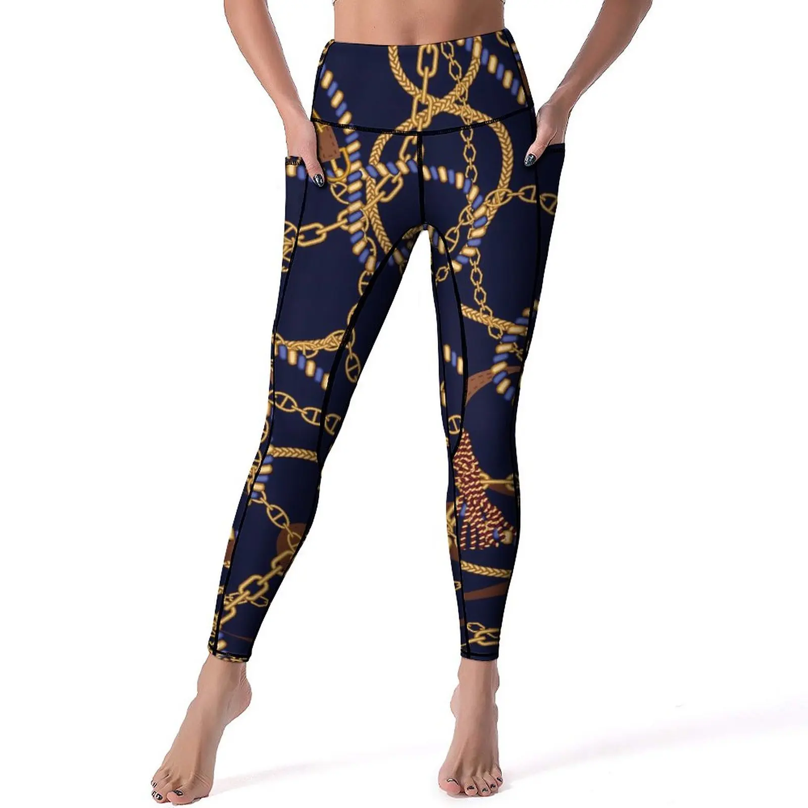 

Gold Chain Yoga Pants Sexy Belts Print Design Leggings High Waist Workout Leggins Lady Retro Stretchy Sports Tights