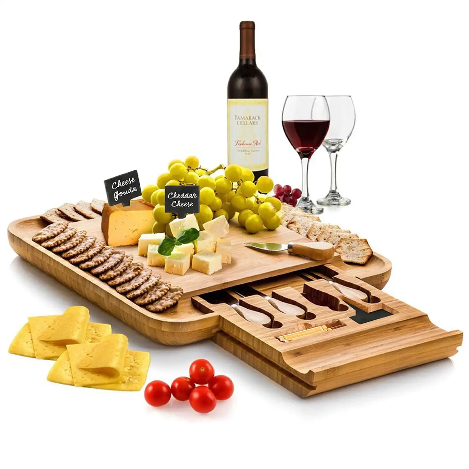 

Bamboo Cheese Board with Cutlery Set,, Includes 4 Stainless Steel Serving Utensils, 3 Labels & 2 Chalk Markers
