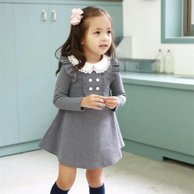 Spring Autumn Cotton Girl Korean Clothes Doll Collar Long Sleeved Casual A-Line Mini Dress