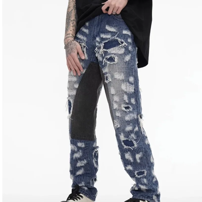Worn Patch Leather Jeans Men's Worn Hole Embroidery High Elastic 3D Inner Zipper Bleached Slim Fit Straight Leg Trouser Pocket 2