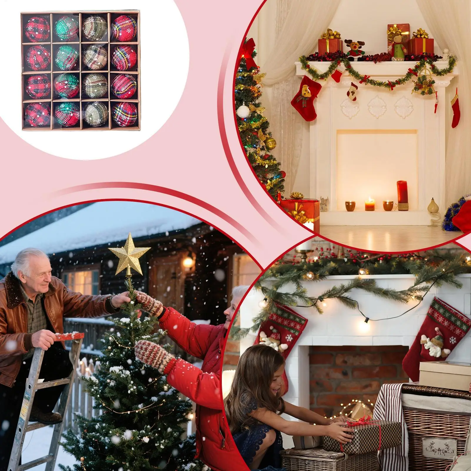 Christmas Tree Ornaments Set 16 Pieces Plaid Fabric Shatterproof Hangable Ornaments Holiday Pendants For Home Living Room