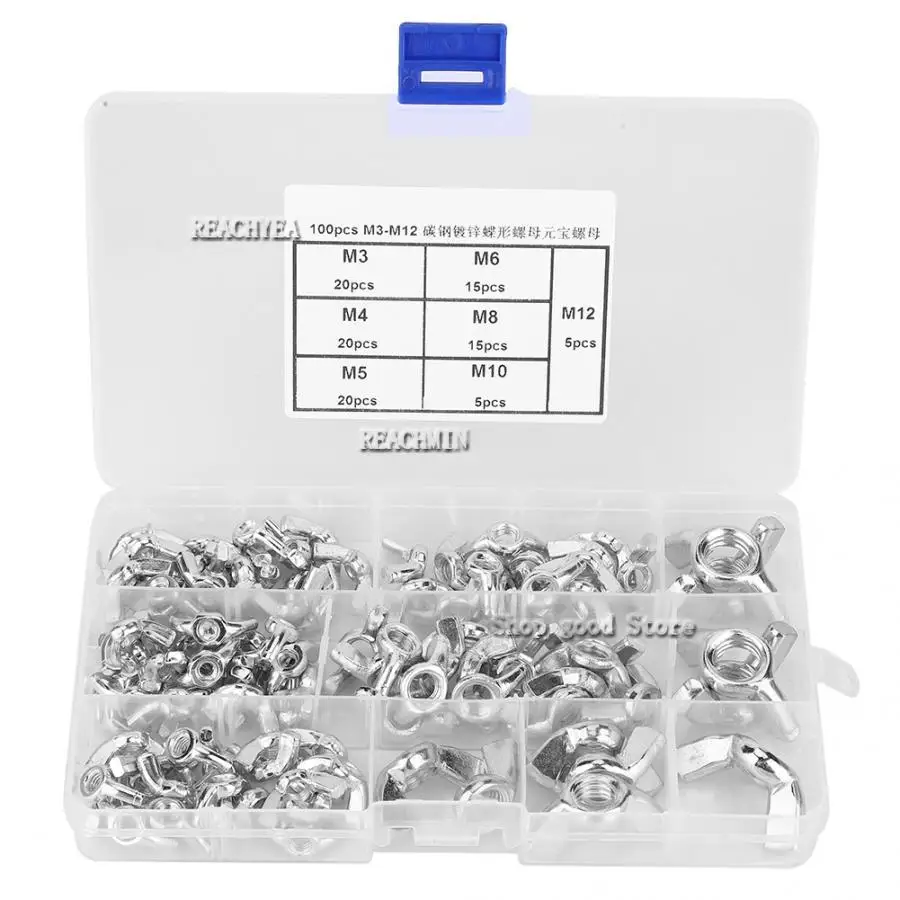 

100pcs/box M3/M4/M5/M6/M8/M10/M12 Butterfly Wing Nuts Hand Galvanized Carbon Steel Easy Tighten and Loosen Ingot Nut Fastening T