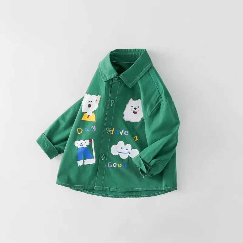 Spring Autumn Children's Long Sleeve Shirt Pure Cotton Printed Cartoon Solid Color Boys Girls Baby Fashionable Top