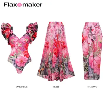 FLAXMAKER Ruffled Blooming Flowers Print One Piece Swimsuit and Sarong Swimwear Women Vacation Beachwear  Clearance Wholesale