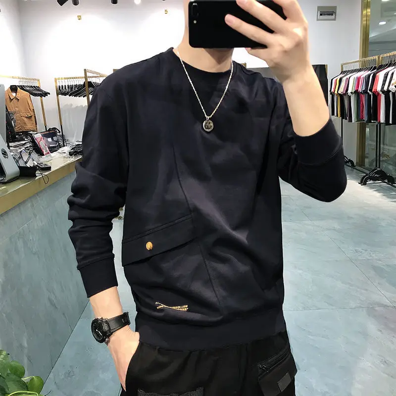 

Fashion Printed Button Letter Pockets Casual T-Shirt Men Clothing 2022 Autumn New Loose Korean Pullovers All-match Tee Shirt
