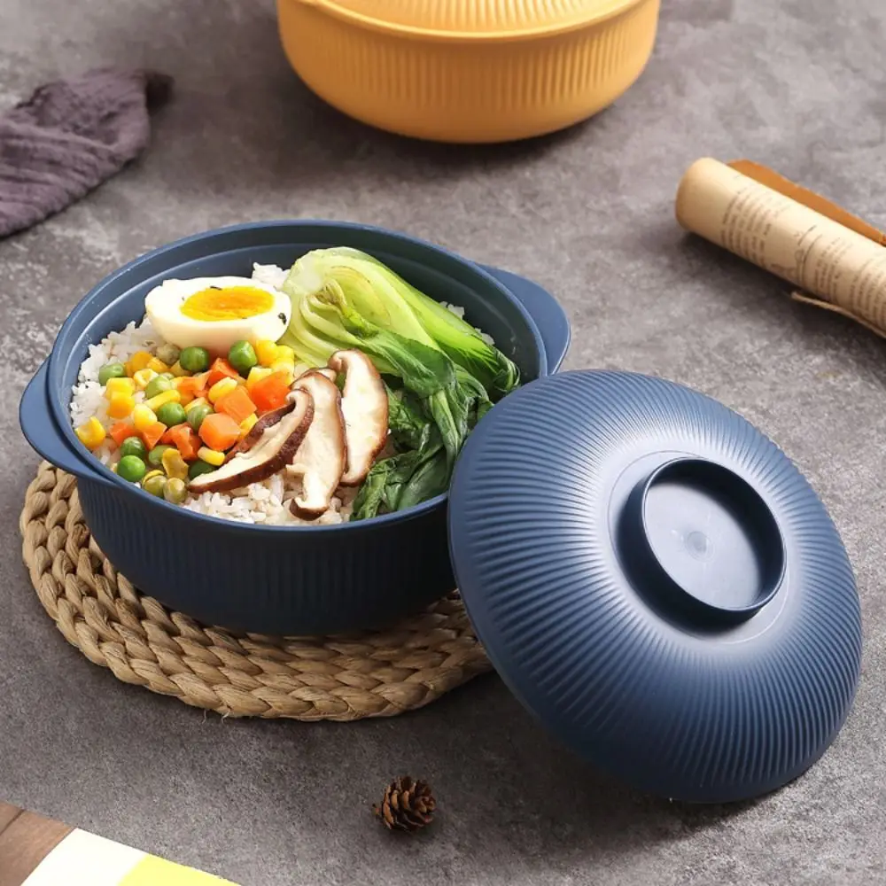 4 Set Large Capacity Ramen Noodles Bowl Vertical Striped Plastic Salad Bowl with Lid and Spoon Microwave Safe Bowls Restaurant