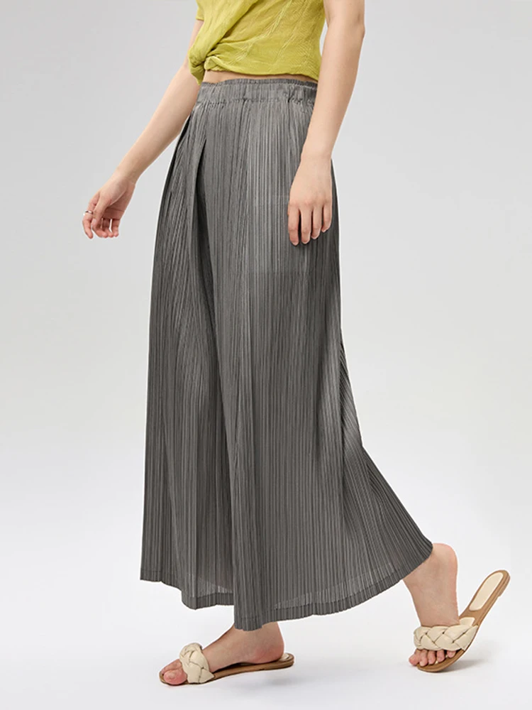 LANMREM Folded Design Elastic High Waist Women's Trousers 2026 New Summer Pleated Wide Leg Pants With Pockets Chic Cloth 2DB3511