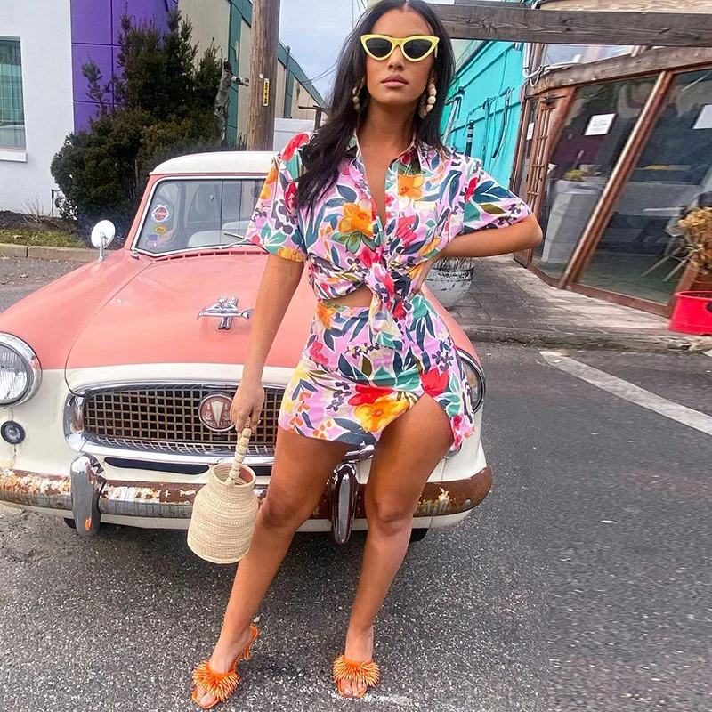 

Zoctuo Floral Rave Outfit For Women Fashion Short Sleeve Shirt And Bodycon Side Split Skirts New Fashion Holiday Two 2 Piece Set