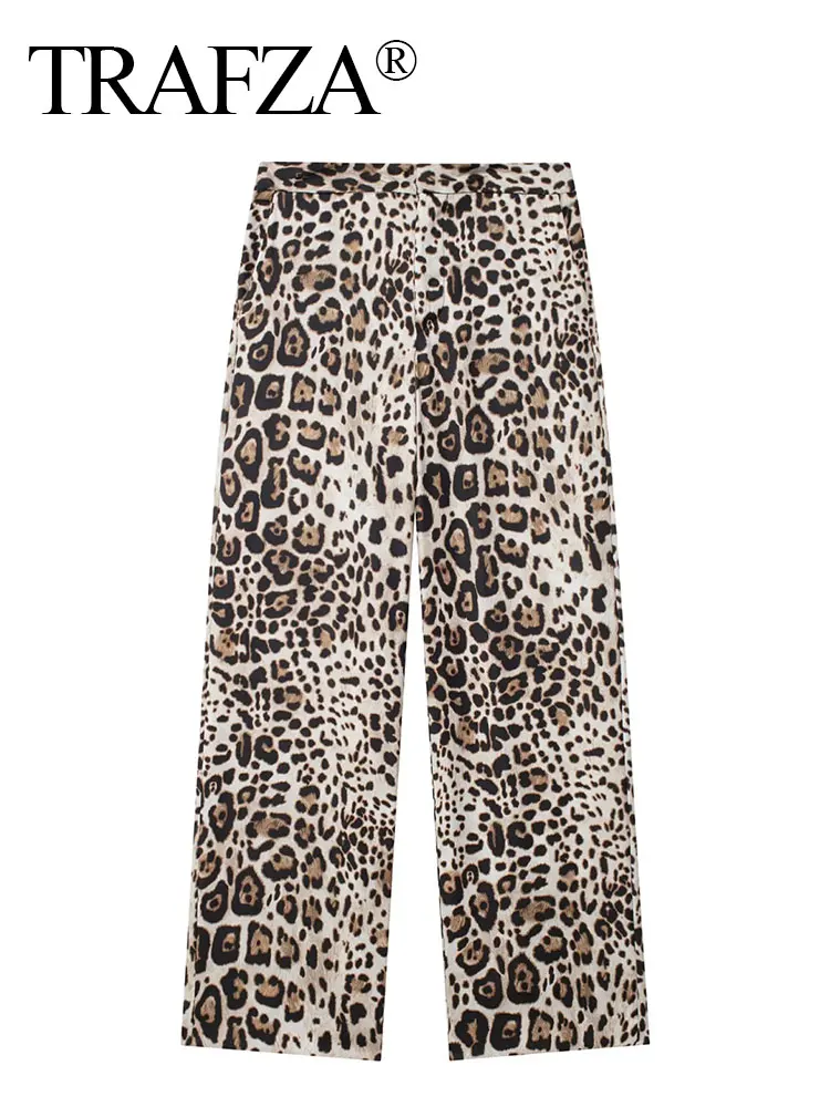 HH Women Vintage Leopard Print Blouse Pant Sets Lace Up Long Sleeve Shirt High Waist Trousers New Fashion High Street Outfit