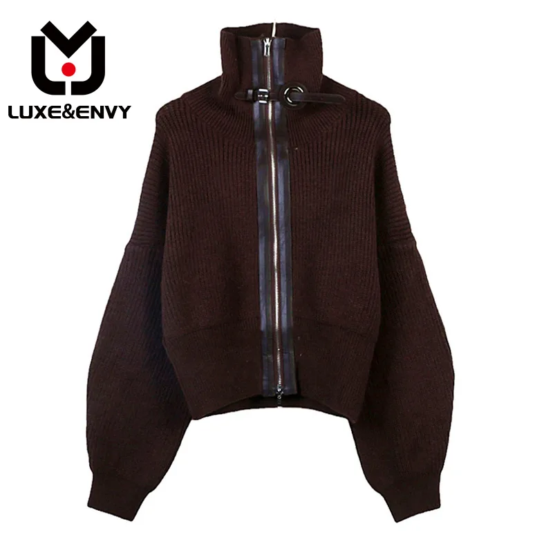 

Женский вязаный кардиган люкс & ENVY, однотонный свободный плотный кардиган на молнии с высоким воротником и длинным рукавом, корейский стиль, осень/зима 2023