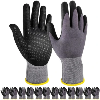 6PCS Work Gloves MicroFoam Nitrile Coated Endurance Seamless Knit Safety Work Gloves with Grip Dots for Gardening Yard Lawn Home