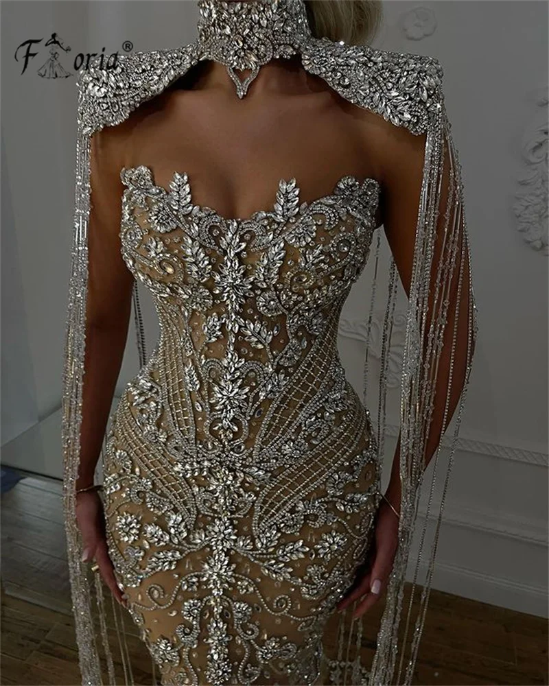 

Великолепное полностью украшенное стразами женское вечернее платье-Русалка с длинными кисточками женское платье с бусинами и рукавами-крылышками для торжества и свадьбы