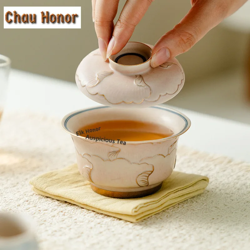 110ml Gold Drawing Pile Carve Peony Gaiwan Boutique Tea Tureen Household Tea Bowl With Lid Kit Tea Making Cover Bowl Teaware