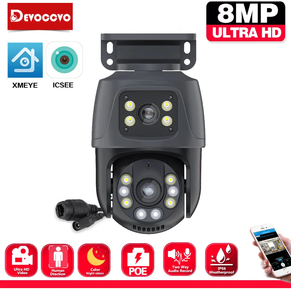 8MP 4K Dual Lens POE IP Camera PTZ Dual Screens Smart Home 360° PTZ Wired Video Surveillance Camera Human Detection CCTV ICsee