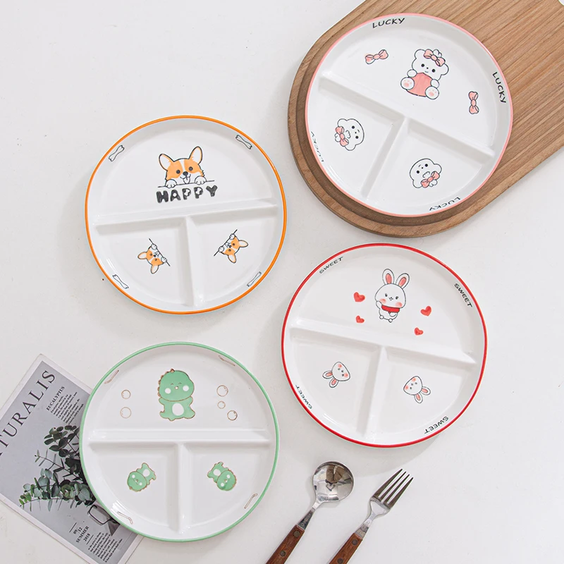 Ceramic Grid Plate Cartoon Fat Reducing Meal Three Grid Plate Student Children Cute Microwave Oven Special Specialty Plates